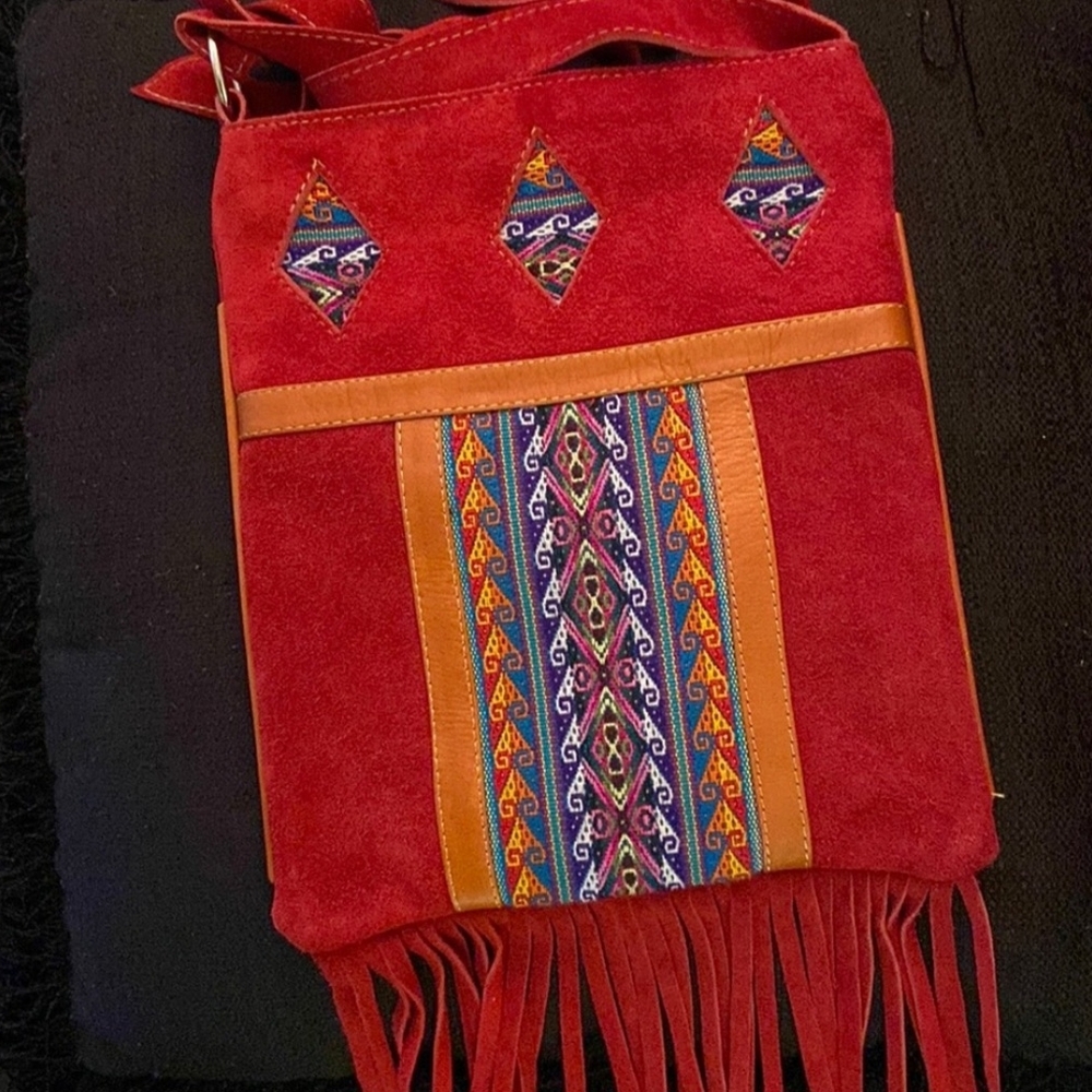 Red and Brown Fringed Women's Bag